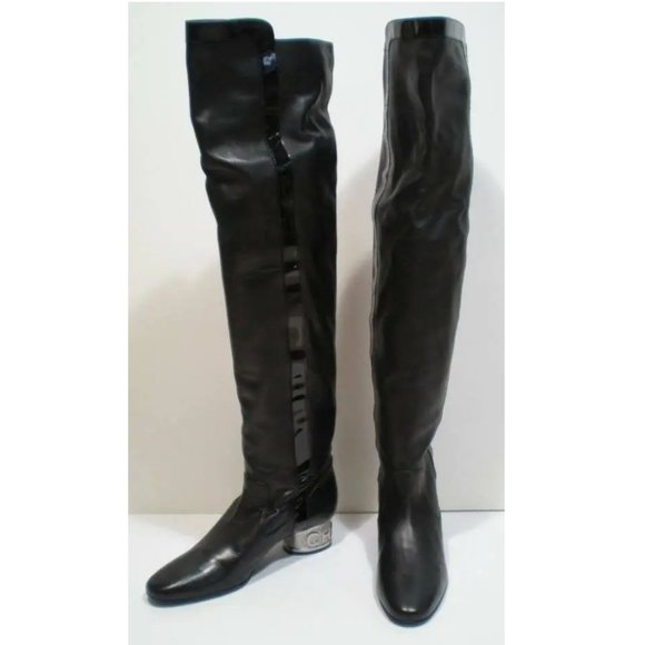 CHANEL 36 Black Nappa & Patent Leather OTK OVER KNEE BOOTS Metal Logo - Picture 5 of 12